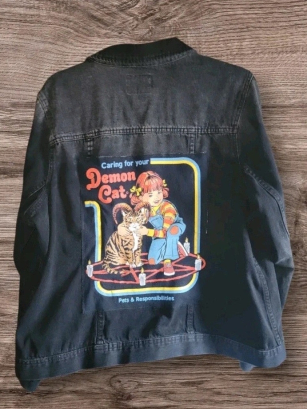 Black Graphic Kids Denim Jacket with Colorful 'Demon Cat' Print